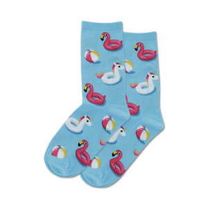 Pair of crew socks in light blue, featuring pink flamingo and unicorn pool floats and yellow beach balls.