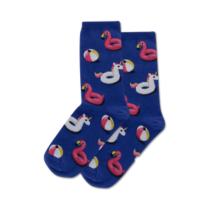 Close-up shot of a pair of navy blue Pool Floats socks showcasing the fun summer design.