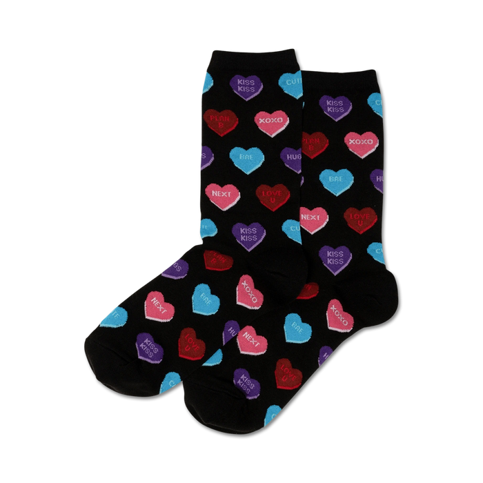 womens black crew socks with pink word 