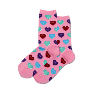 pink crew socks with multi-colored hearts; perfect for your valentine's day or everyday wear.  