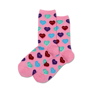 Lifestyle shot: A pair of pink Sassy Sweet Heart Candy socks against a white background.