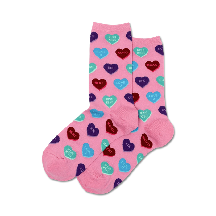 Lifestyle shot: A pair of pink Sassy Sweet Heart Candy socks against a white background.