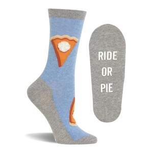 Single light blue pie pattern sock standing upright, with its gray sole featuring 'RIDE OR PIE' text shown flat next to it.
