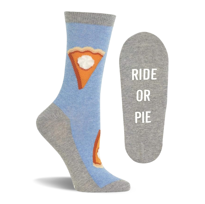Single light blue pie pattern sock standing upright, with its gray sole featuring 'RIDE OR PIE' text shown flat next to it.