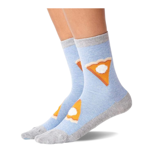Pair of light blue crew slipper socks with gray heel, toe, and cuff, featuring pie slices with whipped cream, worn on feet.