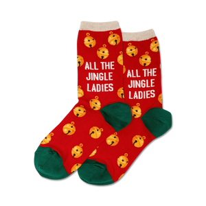 Pair of red crew socks with a green cuff. Features gold jingle bells and the text 'All the Jingle Ladies' repeated.