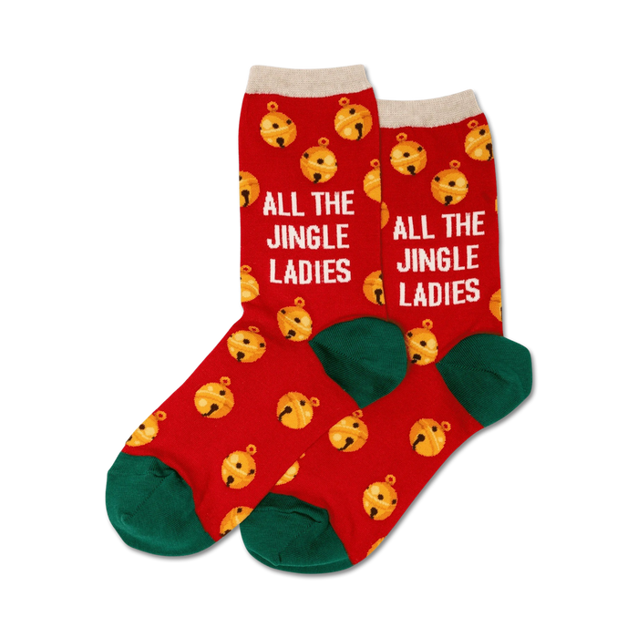 Pair of red crew socks with a green cuff. Features gold jingle bells and the text 'All the Jingle Ladies' repeated.