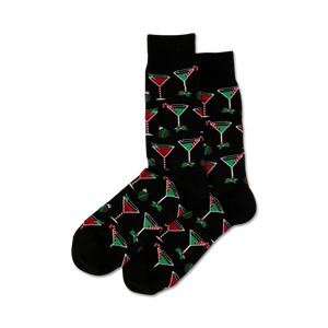 keywords: christmas socks, mens crew socks, black socks, red candy canes, green martini glasses, holly leaves  
