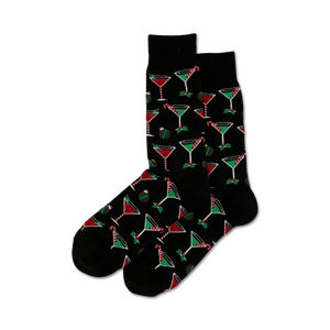 Pair of crew socks, black and grey options shown, featuring a repeating pattern of Christmas-themed martini glasses, candy canes, and ornaments.