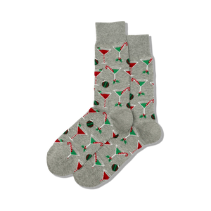 christmas cocktails men's crew socks with red & green martini glassescandy cane and ornament pattern  