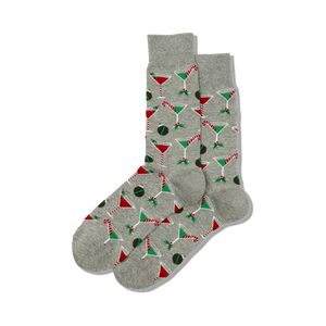 Pair of grey Christmas Cocktails socks shown in a flat lay.