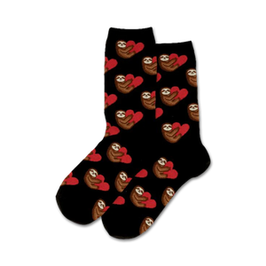 Pair of black crew socks with sloths holding red hearts. Adorable sloth pattern.