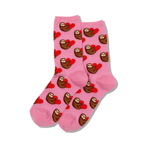 Pair of pink crew socks with sloths holding red hearts.  Adorable sloth pattern.