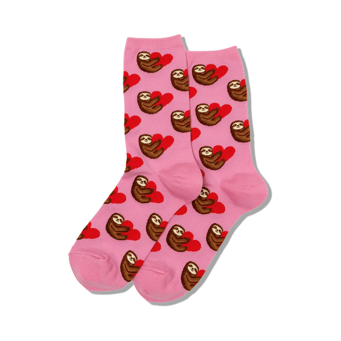 Pair of pink crew socks with sloths holding red hearts.  Adorable sloth pattern.