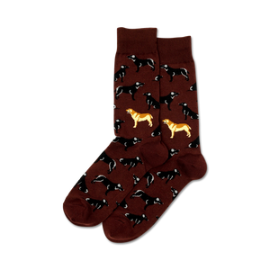 Pair of crew socks, maroon background, black Labrador Retriever pattern with two yellow Labs.