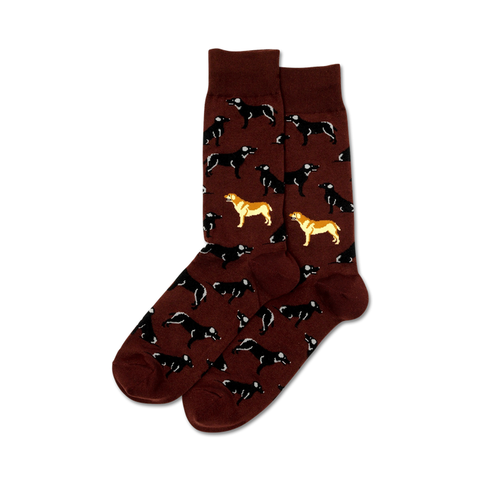 Pair of crew socks, maroon background, black Labrador Retriever pattern with two yellow Labs.