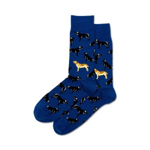 Lifestyle shot: Two pairs of Labrador socks, one maroon and one royal blue, laid on a surface.