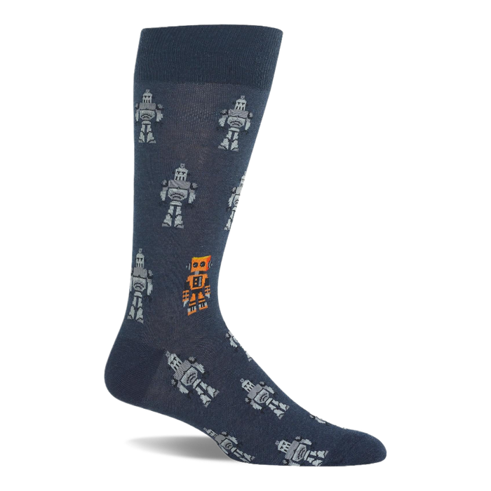 A single dark blue crew sock with a repeating pattern of light grey pixelated robots and one standout orange robot. }}