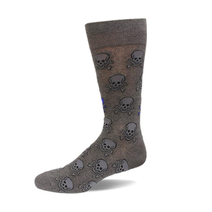 Single dark gray crew sock with a repeated pattern of gray and blue skulls and crossbones, shown from the side.