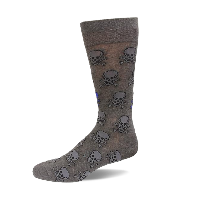 Single dark gray crew sock with a repeated pattern of gray and blue skulls and crossbones, shown from the side.