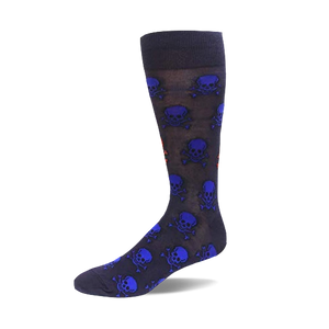 Single dark blue crew sock with a repeated pattern of bright blue and red skulls and crossbones, shown from the side.