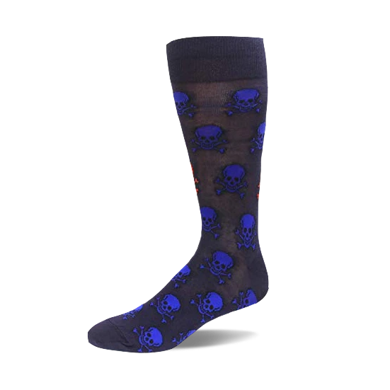 Single dark blue crew sock with a repeated pattern of bright blue and red skulls and crossbones, shown from the side.