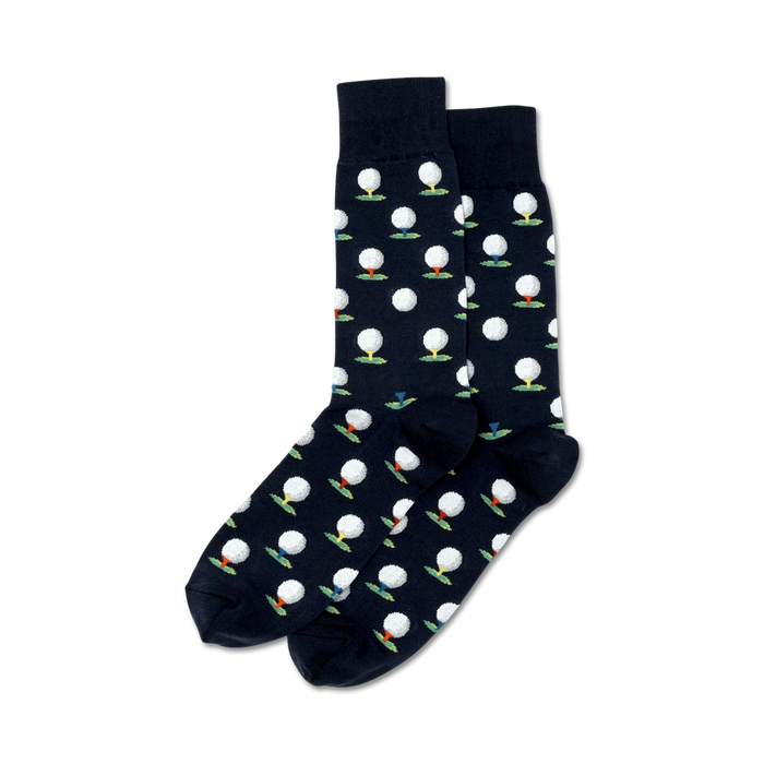Pair of navy blue crew socks with a repeating pattern of white golf balls on colorful tees. }}