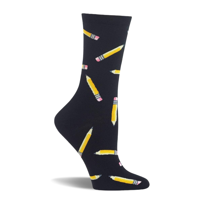 Single crew sock on a white background, featuring yellow pencils with pink erasers scattered on a dark navy fabric. }}