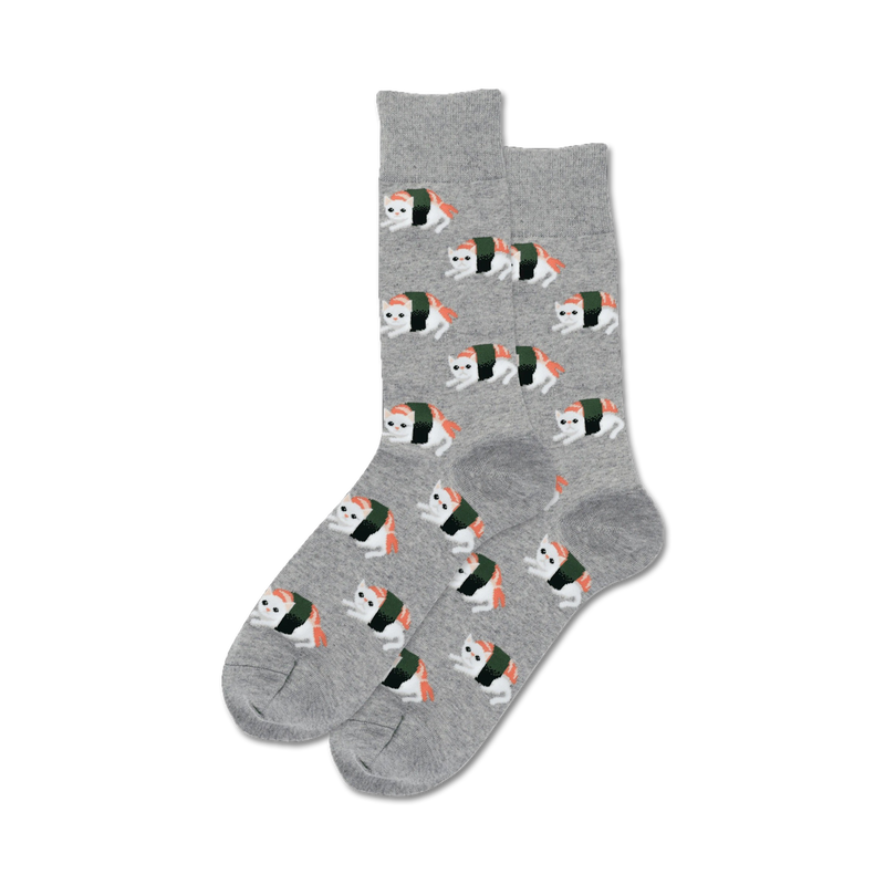 Pair of grey crew socks featuring a repeating pattern of adorable cats disguised as sushi rolls.