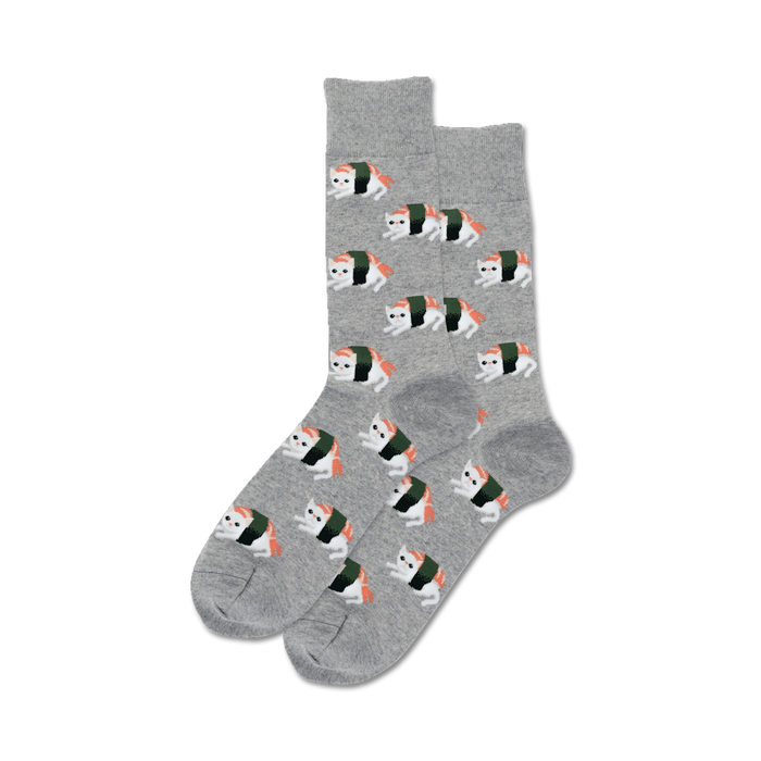 Pair of grey crew socks featuring a repeating pattern of adorable cats disguised as sushi rolls. }}