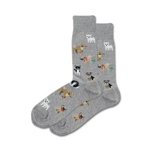 Pair of grey crew socks with illustrated dogs: Chihuahuas, Pugs, and more.  Small green plants are also in the design.