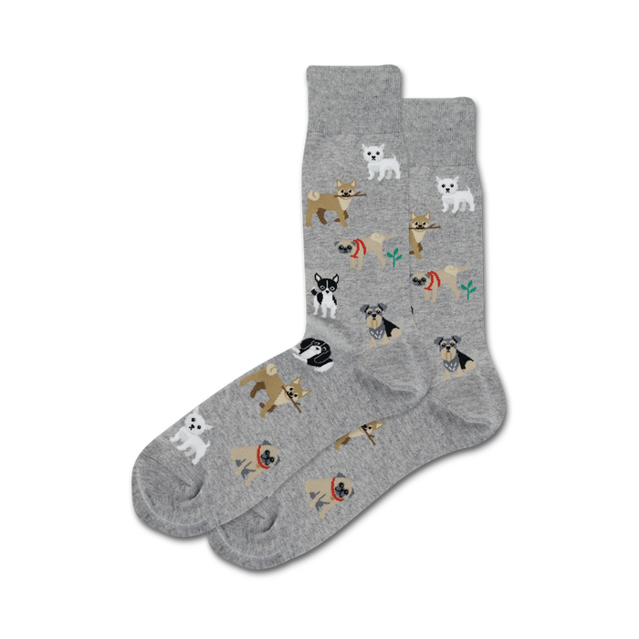 Pair of grey crew socks with illustrated dogs: Chihuahuas, Pugs, and more.  Small green plants are also in the design.