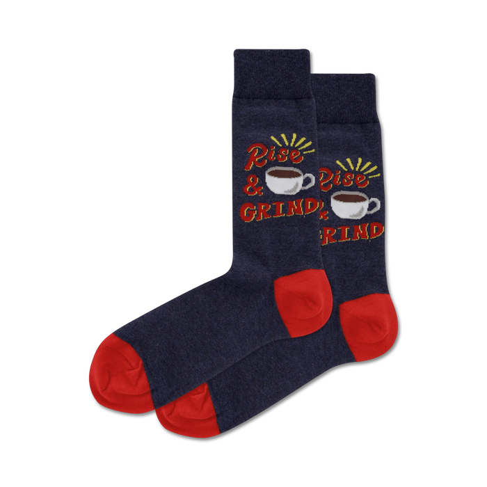 dark blue crew socks with red toes and heels. coffee cup design with 