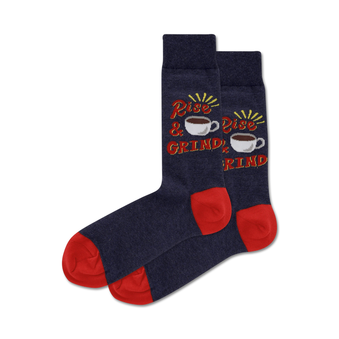 Pair of navy blue crew socks with red heels and toes. Features a 'Rise & Grind' design with illustrated coffee cups. }}