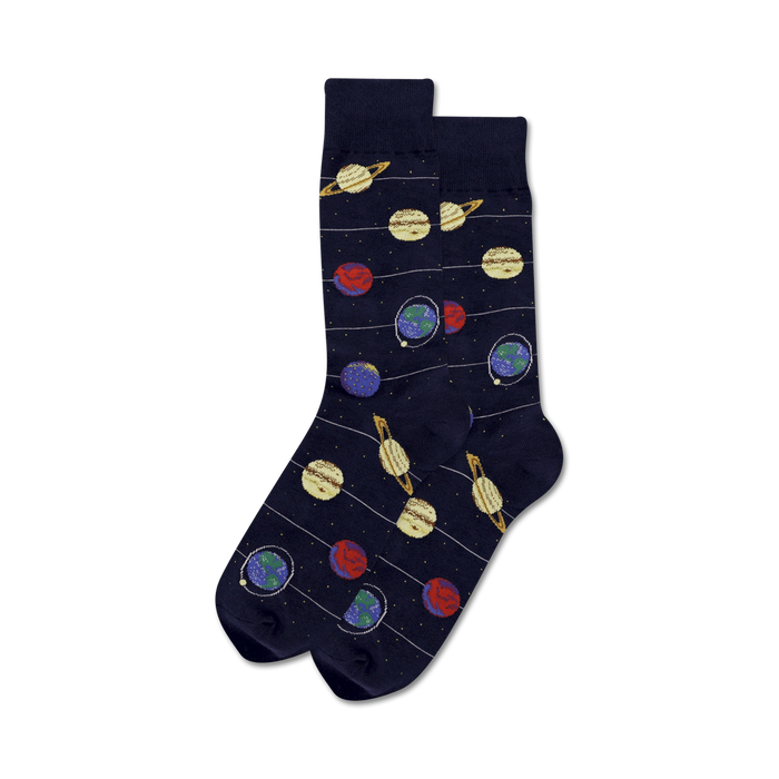 Pair of navy blue crew socks with a whimsical solar system design. Planets, stars, and stripes are featured in yellow, red, and blue. }}