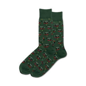 Pair of dark green crew socks with a repeating pattern of red golf carts and golfers.