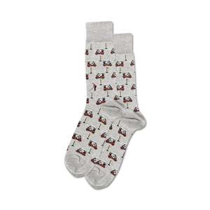gray men's crew socks with red golf carts, white golf balls, and a golfer in a red shirt.   