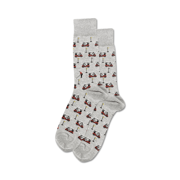 Lifestyle shot of Golfer Carts socks in grey, showcasing the design on feet.