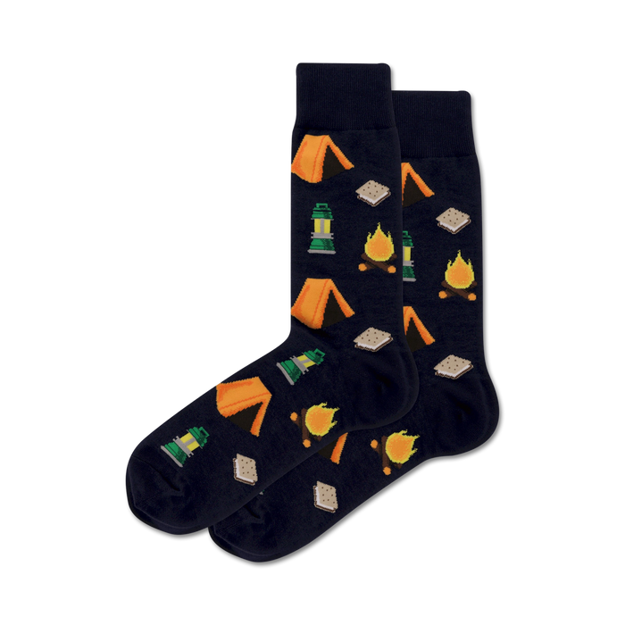 Pair of navy blue crew socks with orange tents, campfires, and s'mores graphics.