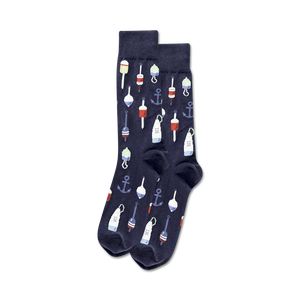 Pair of crew socks in navy blue and tan featuring a pattern of anchors and colorful buoys.