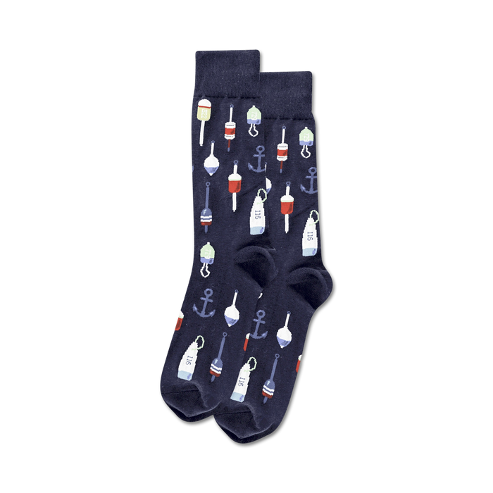 Pair of crew socks in navy blue and tan featuring a pattern of anchors and colorful buoys.