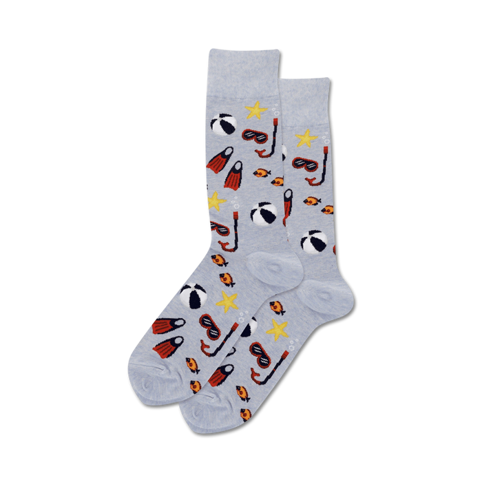 Pair of grey crew socks with a fun summer design.  The pattern includes beach balls, red flippers, snorkeling masks, and yellow starfish.