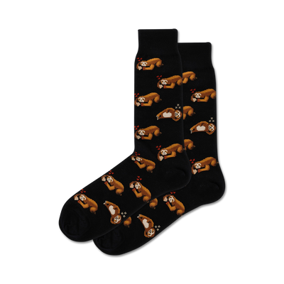 Pair of black crew socks with a repeating pattern of brown sloths holding pizza slices and small red hearts.