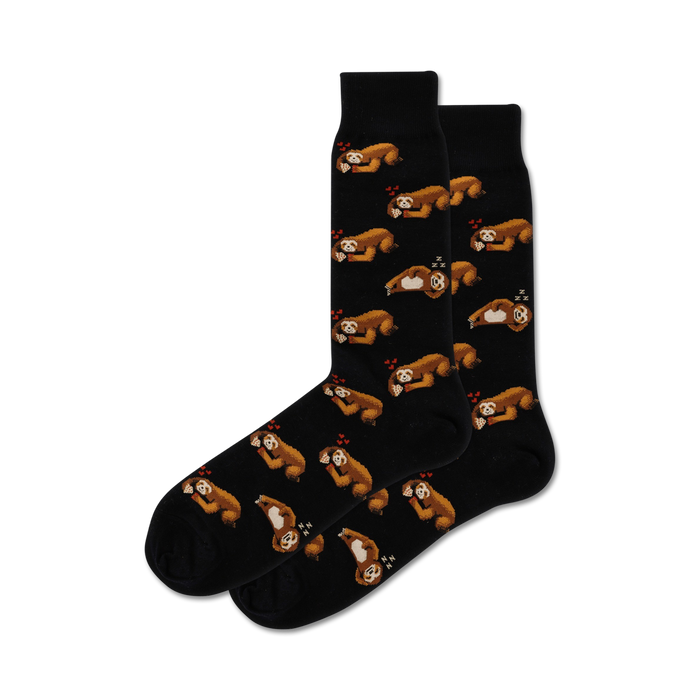 mens crew socks with a black background and pattern of sloths holding heart-shaped pizzas in their arms; featuring brown sloths with cream-colored faces and black claws.   }}