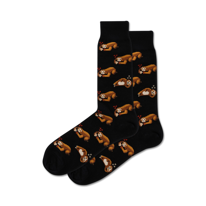 Pair of black crew socks with a repeating pattern of brown sloths holding pizza slices and small red hearts. }}