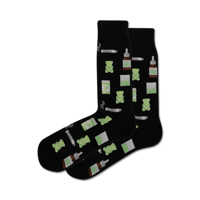 Pair of black crew socks with a whimsical design of green gummy bears, vape pens, and cannabis-related imagery. Fun and quirky. }}
