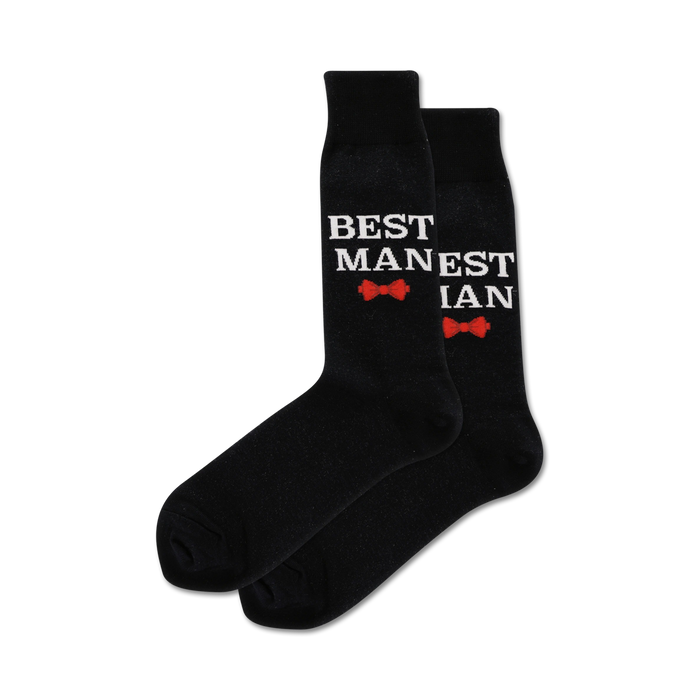Pair of black crew socks with the text 'BEST MANESTIAN' in white and small red bow tie images. }}
