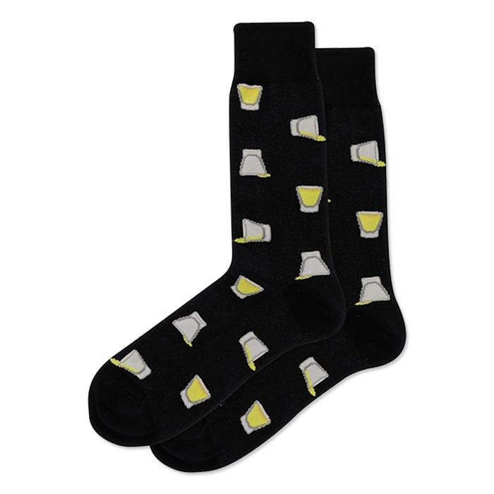 A pair of black crew socks with a scattered pattern of shot glasses, some filled with yellow liquid, others tilted and pouring. }}