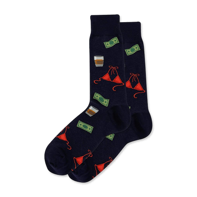 Pair of dark navy crew socks patterned with green money bills, amber drinks in glasses, and red bikini tops.