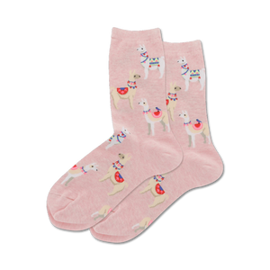 Pair of pink crew socks with a repeating pattern of illustrated alpacas wearing colorful saddles.